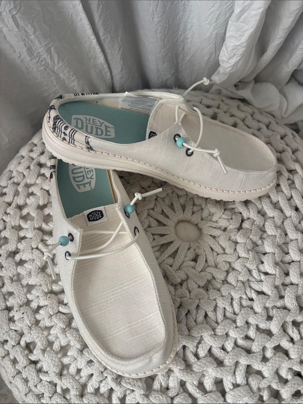 Hey Dude Women's Moccasin Slip-On Shoes in Off-White with Turquoise Accents